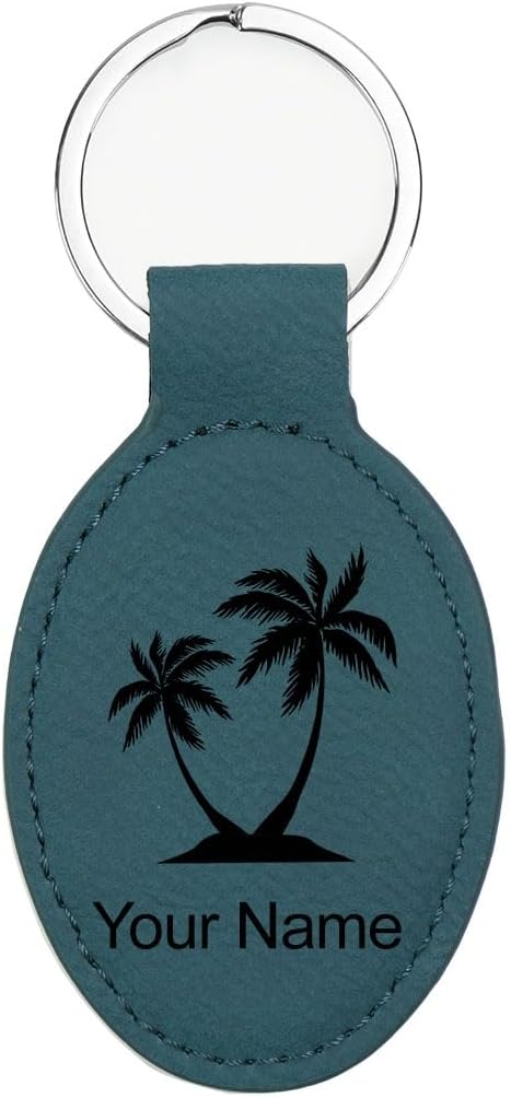 LaserGram Oval Keychain, Palm Trees, Personalized Engraving Included (Slate Blue)