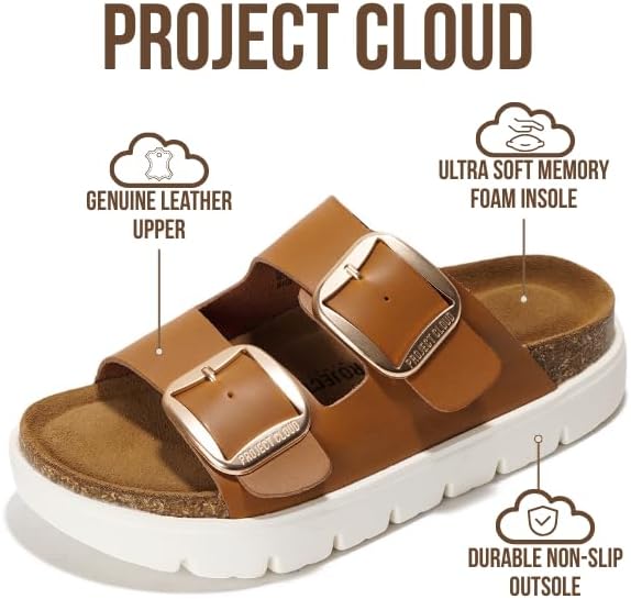 Project Cloud Genuine Leather Platform Sandals Women Footwear - Wedge Chunky Sandals Womens sandals with Memory Foam Insole and Cork Footbed (GREECECHUNKY)