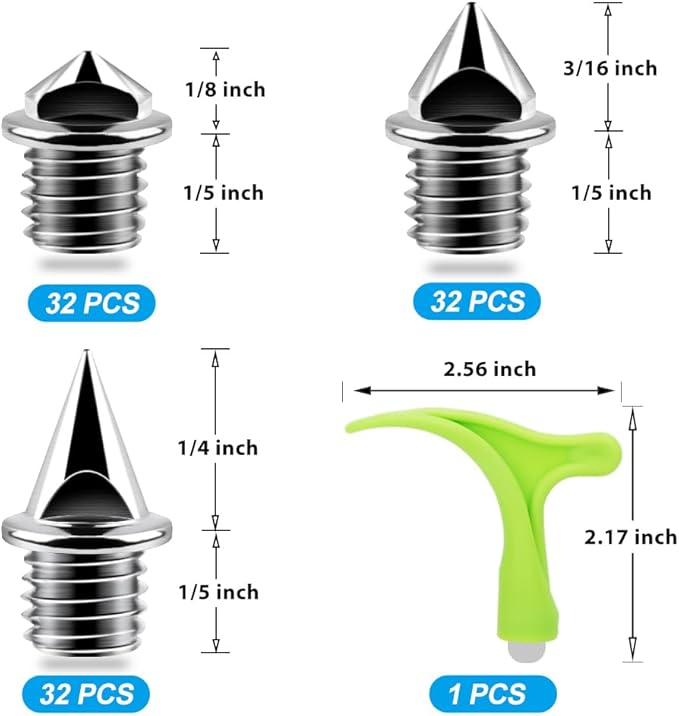96PCS Alloy Steel Track Spikes, 32pcs 1/8in + 32pcs 3/16in + 32pcs 1/4in Track and Cross Country Spikes Golf Shoe Spike with Spike Wrench, Replacement for Sprint Sports Short Running