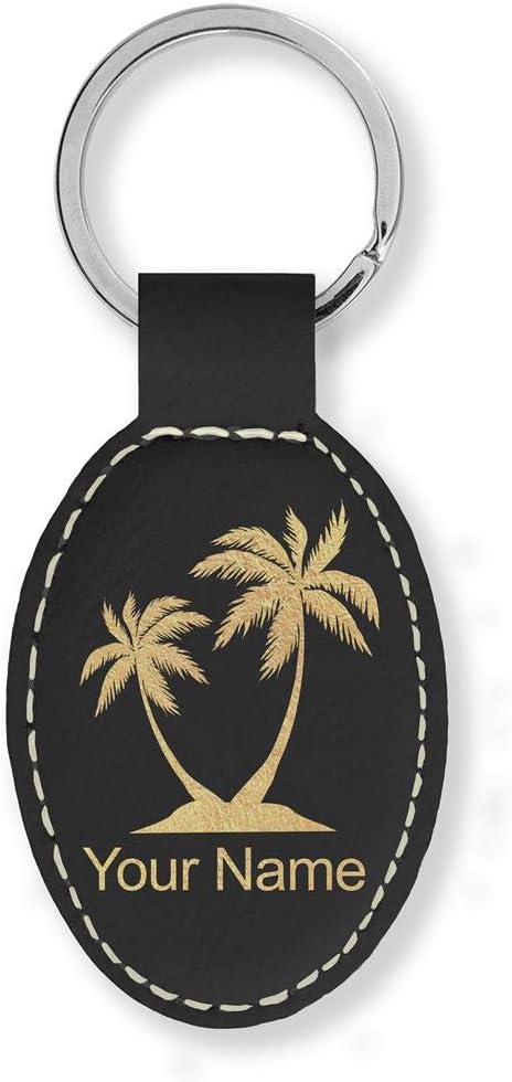 LaserGram Oval Keychain, Palm Trees, Personalized Engraving Included (Black with Gold)