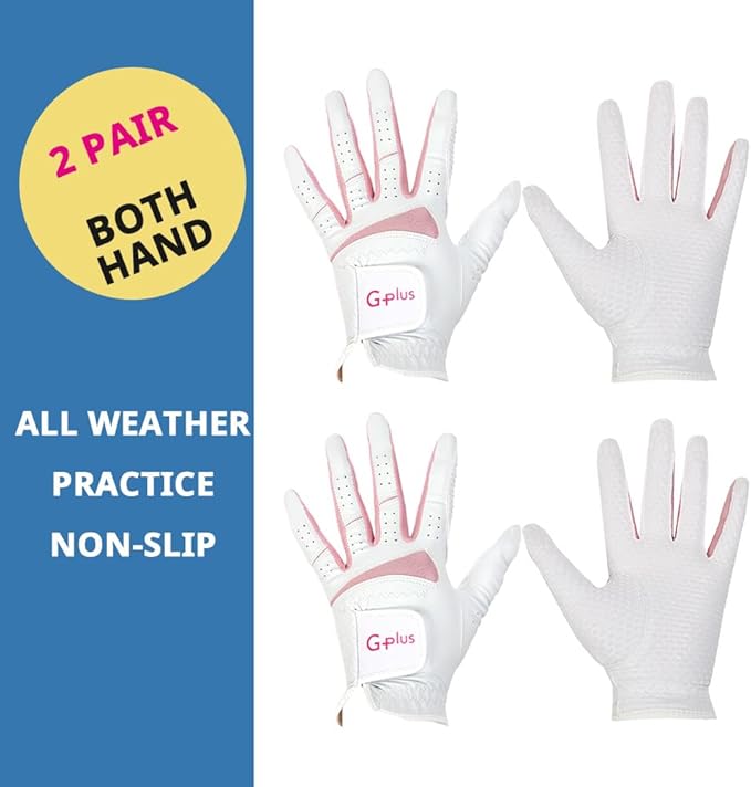 J&S Sporting G-Plus Women's Ladies Golf Gloves, Both Hand (2 Pairs)/Left Hand or Right Hand 4 Pack, Nonslip Durable for Golf Practice