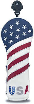 Golf American Style Head Cover Golf Club Blue and White Leather Headcovers Set Fits Driver Fairway Wood Hybrid Utility Putter Iron Wedge Headcover.