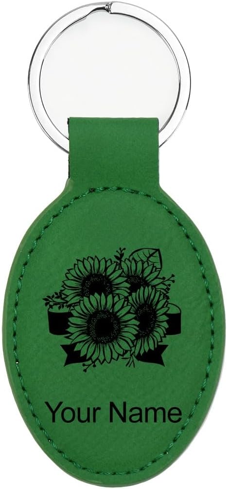 LaserGram Oval Keychain, Sunflowers, Personalized Engraving Included
