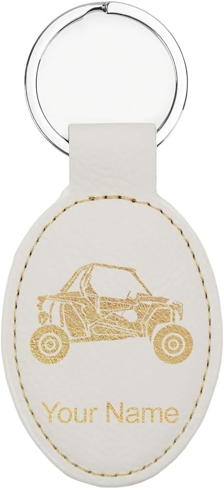 LaserGram Oval Keychain, Off Road Racer, Personalized Engraving Included (White with Gold)