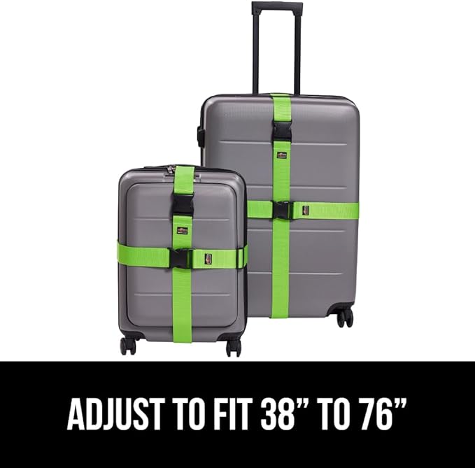 GORILLA GRIP Heavy Duty Adjustable Luggage Straps for Suitcases, Easy to Identify Travel Belt Connector Holds Suitcase Together, Holiday Travel Gift, Stocking Stuffer, Accessories, 2 Pack Green