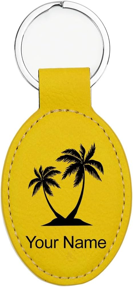 LaserGram Oval Keychain, Palm Trees, Personalized Engraving Included (Yellow)