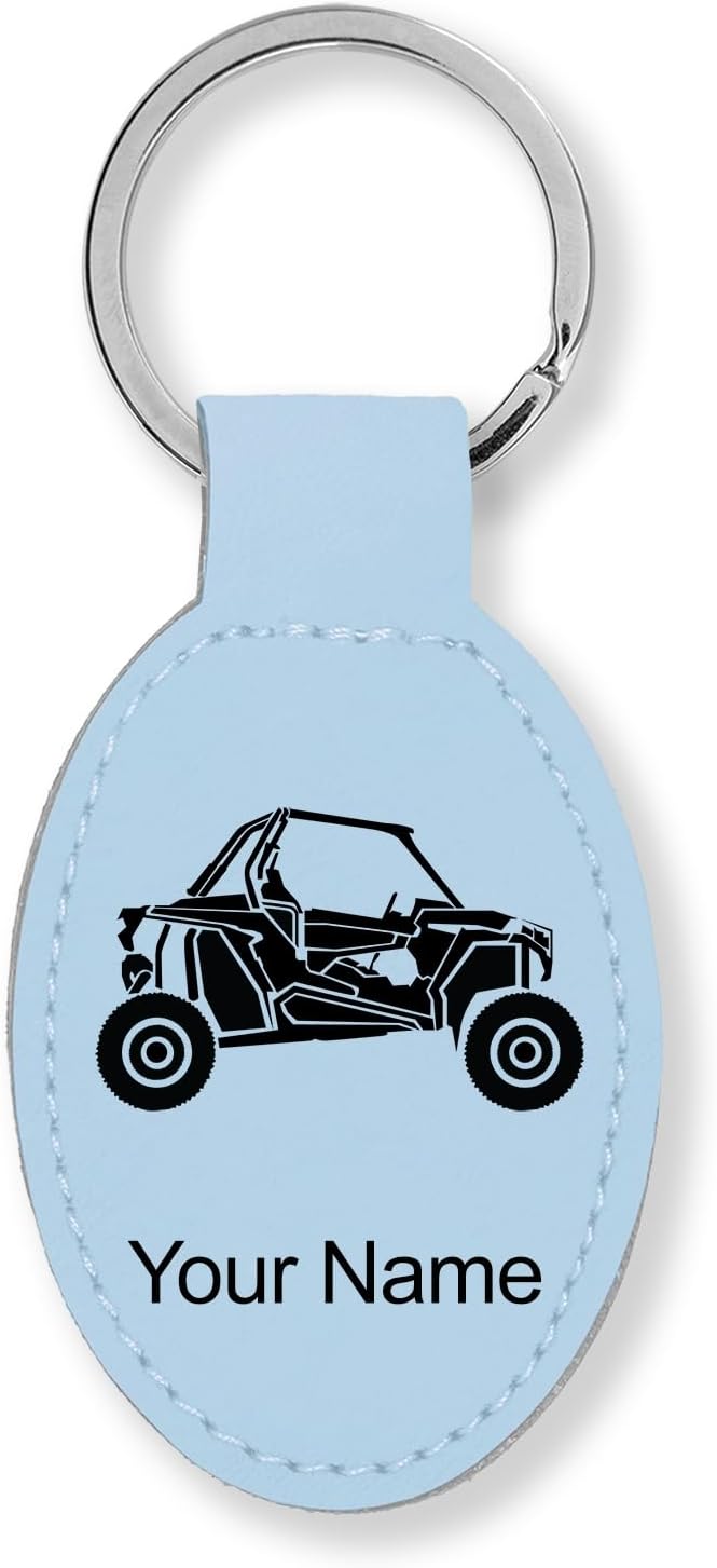 LaserGram Oval Keychain, Off Road Racer, Personalized Engraving Included (Light Blue)