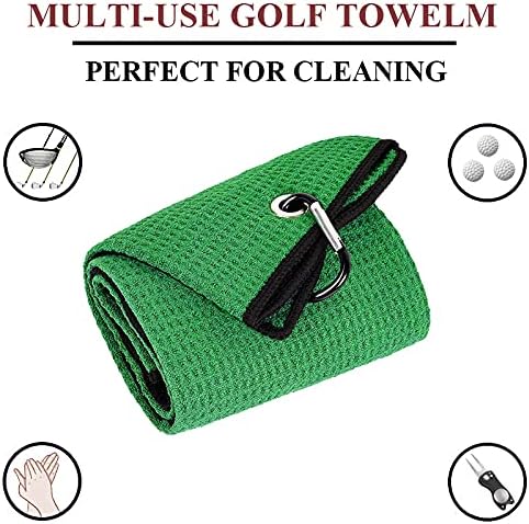 VIVIDLY 2 Pack Tri-fold Golf Towels, Premium Microfiber Fabric Waffle Pattern with Black Heavy Duty Carabiner Clip, Green Golf Towels for Golf Bags for Men (Green)