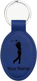 LaserGram Oval Keychain, Golfer Golfing, Personalized Engraving Included (Dark Blue with Black)