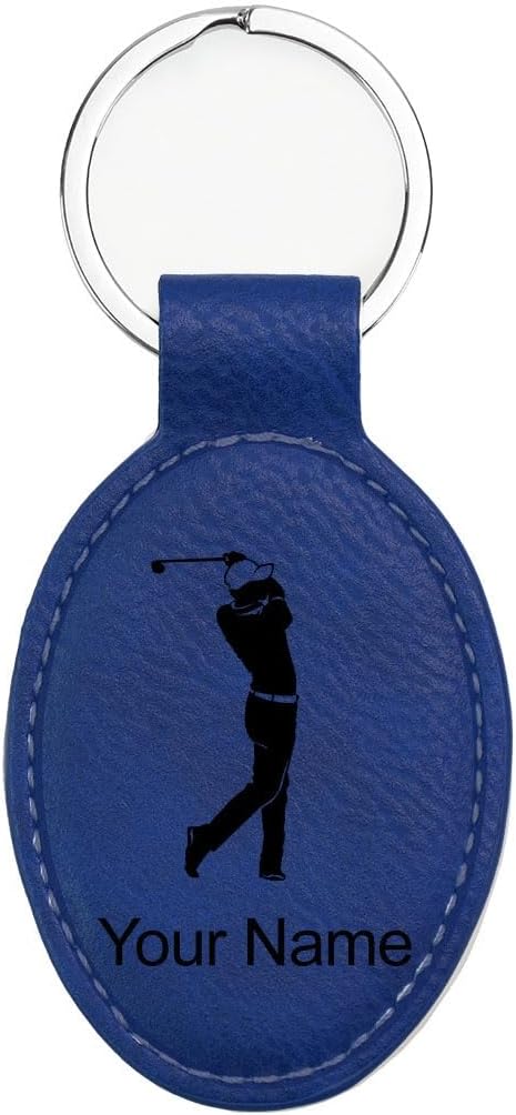 LaserGram Oval Keychain, Golfer Golfing, Personalized Engraving Included (Dark Blue with Black)