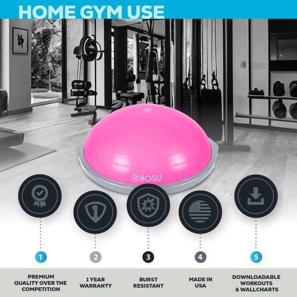 Bosu Balance Ball Exercise Trainer, Home Gym Equipment w/ Guided Workouts & Pump, 26", Blue - Inflatable Fitness Platform for Strength Training, Standing, Balancing, and Core Workout