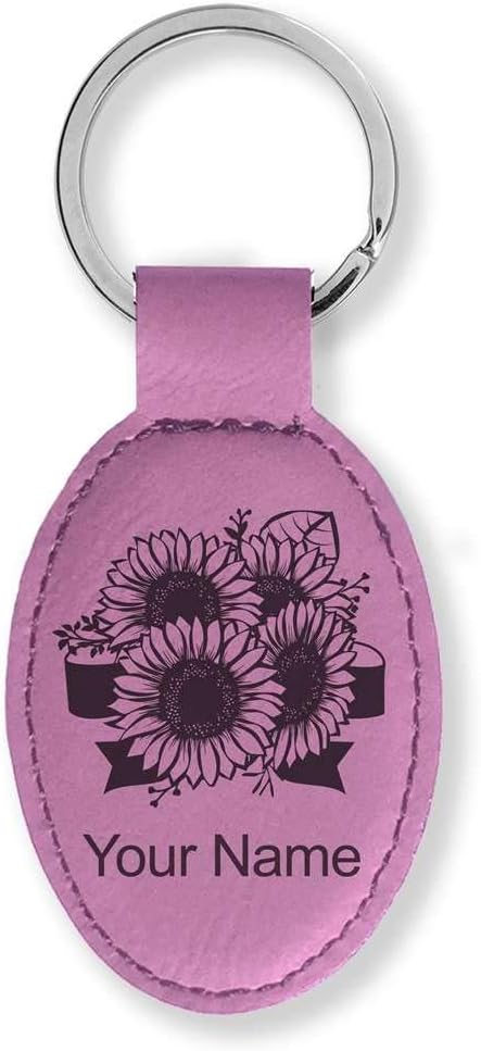 LaserGram Oval Keychain, Sunflowers, Personalized Engraving Included