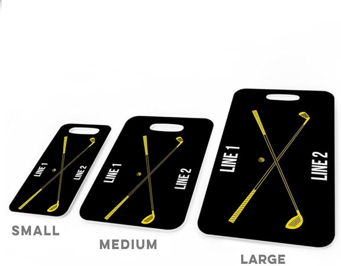 ChalkTalkSPORTS Golf Luggage & Bag Tag | Personalized Crossed Golf Clubs | Standard Lines on Back | Large | Black/Yellow