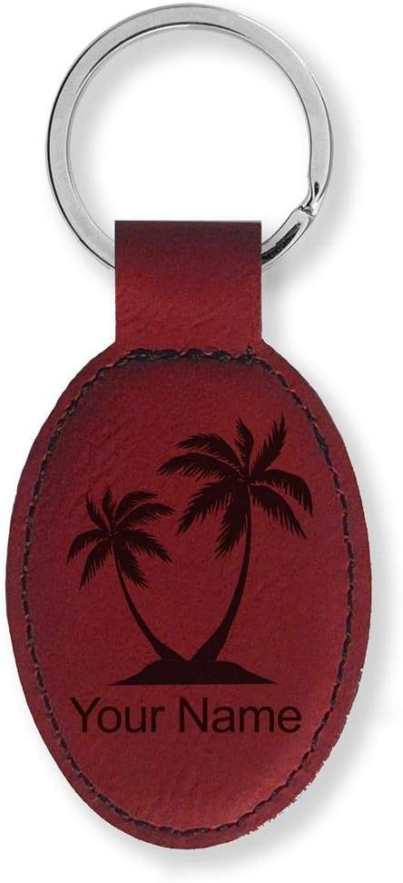 LaserGram Oval Keychain, Palm Trees, Personalized Engraving Included (Burgundy)