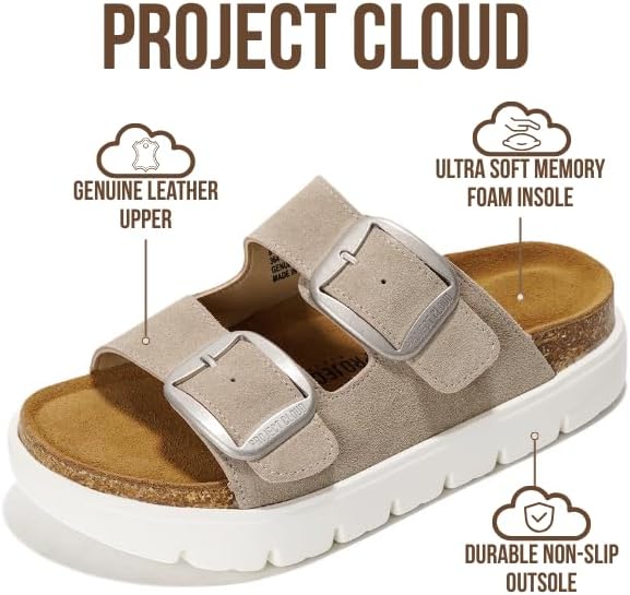 Project Cloud Genuine Leather Platform Sandals Women Footwear - Wedge Chunky Sandals Womens sandals with Memory Foam Insole and Cork Footbed (GREECECHUNKY)