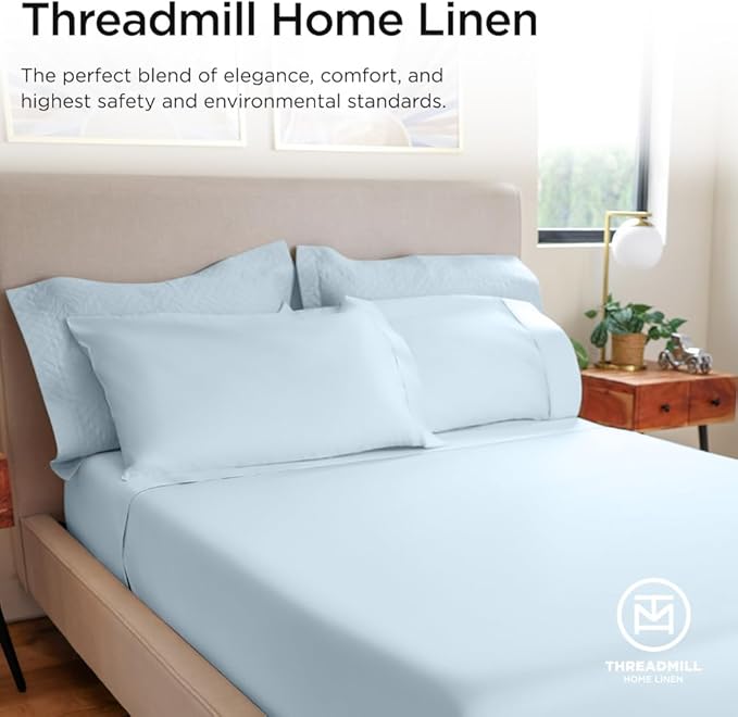 Threadmill Luxury 800 Thread Count California King 100% Cotton Sheets - Light Blue Sateen Weave Bed-Sheets, Better Than Egyptian Cotton,4 Pc Solid Bedding Set, Fits 16" Deep Pocket