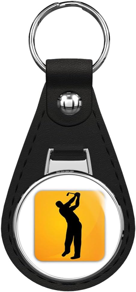 Golf Sport Icon Cartoon Black Leather Key Chain Keychain Silver Ring
