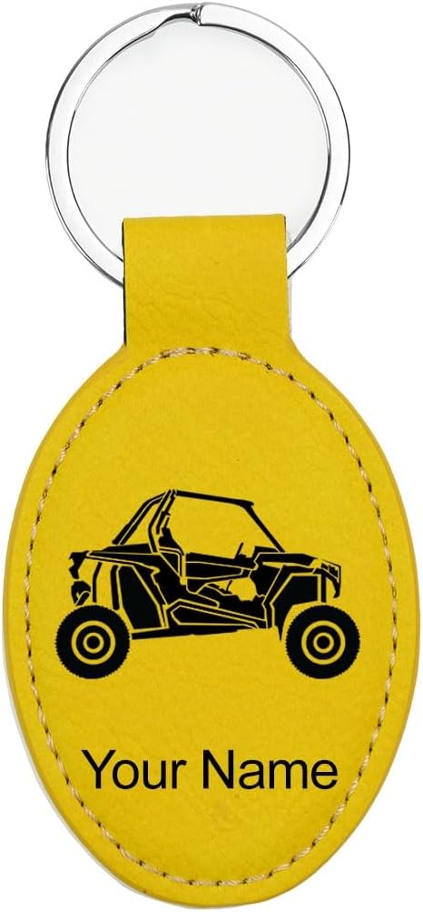LaserGram Oval Keychain, Off Road Racer, Personalized Engraving Included (Yellow)