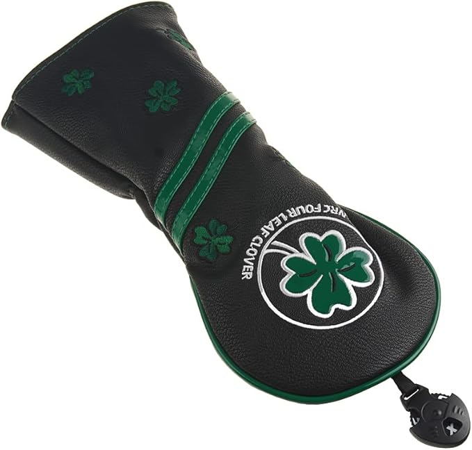 GOOACTION Golf Club Fairway Wood Head Cover with Green Lucky Four-Leaf Clover Creative Embroidery Pattern Synthetic Leather Black Golf Clubs Headcovers (2.3.4.5.7.X)