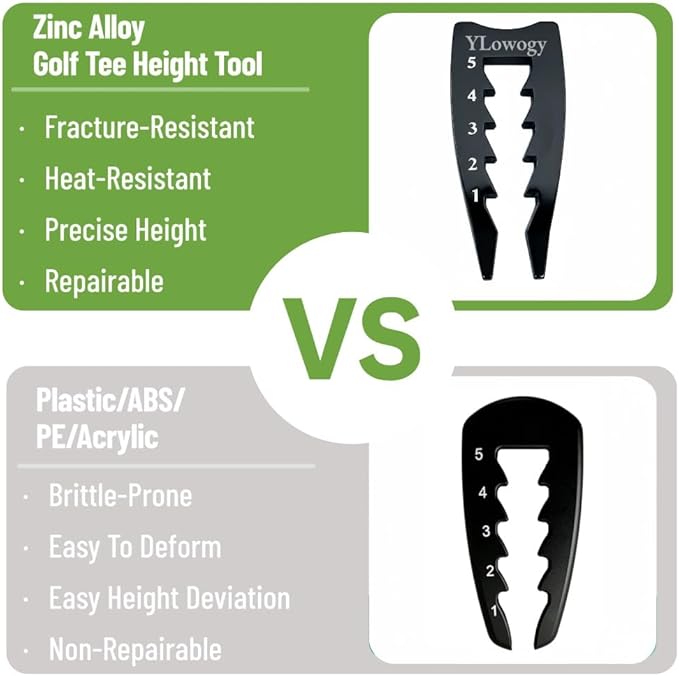 Zinc Alloy Golf Tee Height Setter - 5 Adjustable Settings 3-in-1 Divot Repair Fork & Groove Cleaner + 5 Golf Tees for Stable Consistent Swings