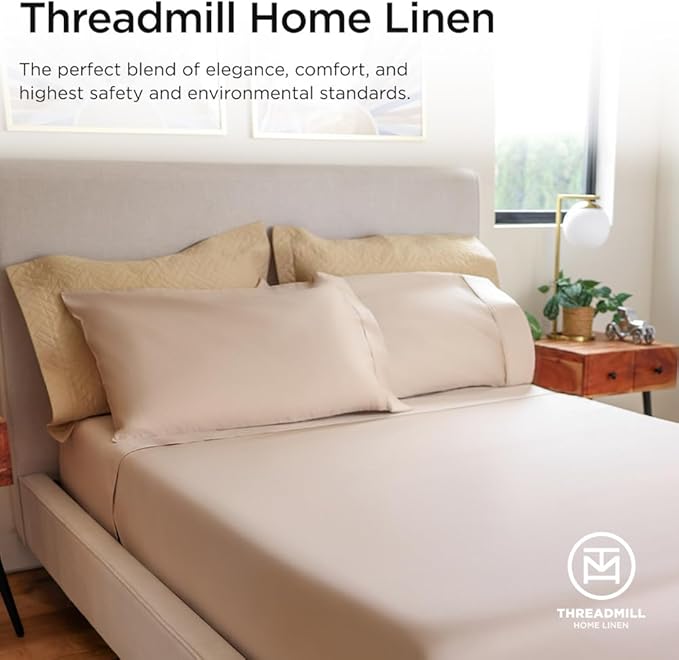 Threadmill Luxury 800 Thread Count Full Size 100% Cotton Sheets - Light Beige Sateen Weave Bed-Sheets, Better Than Egyptian Cotton, 4 Pc Solid Bedding Set, Fits 16" Deep Pocket