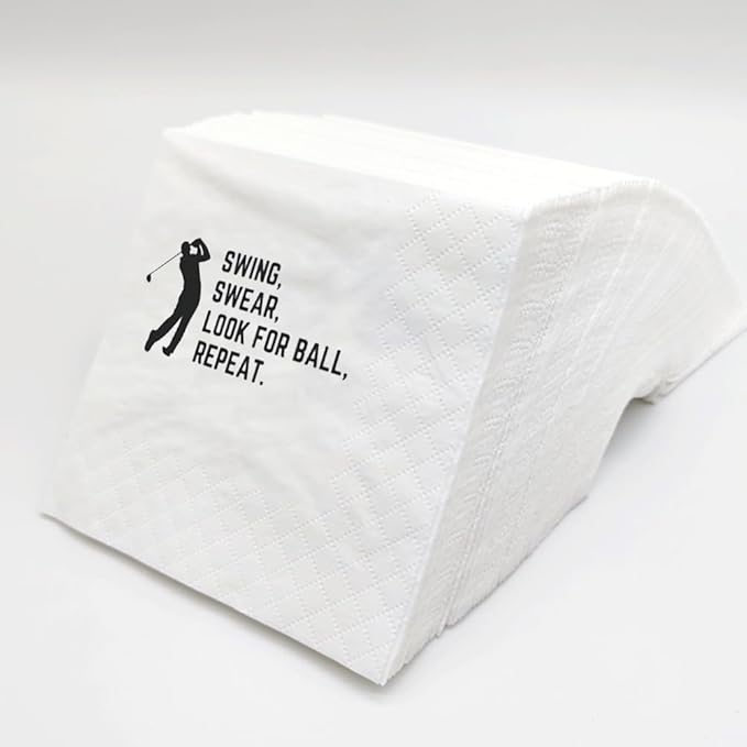 SharkBliss Funny Sarcastic Golf Quotes Cocktail Napkins, 100 Pack Swing Swear Look for Ball Repeat Disposable Paper Cocktail Napkins For Retirement Birthday Bachelor Party 2-Ply, 5x5" (Swing Swear)