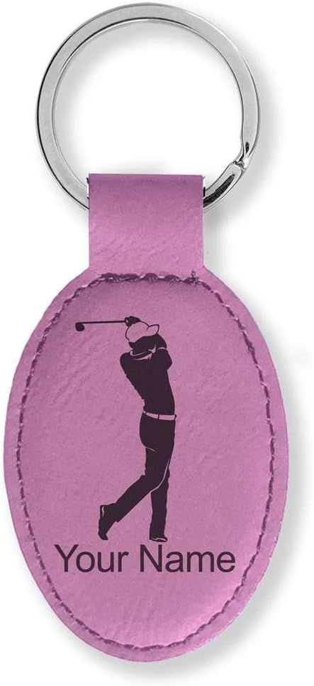 LaserGram Oval Keychain, Golfer Golfing, Personalized Engraving Included (Pink)