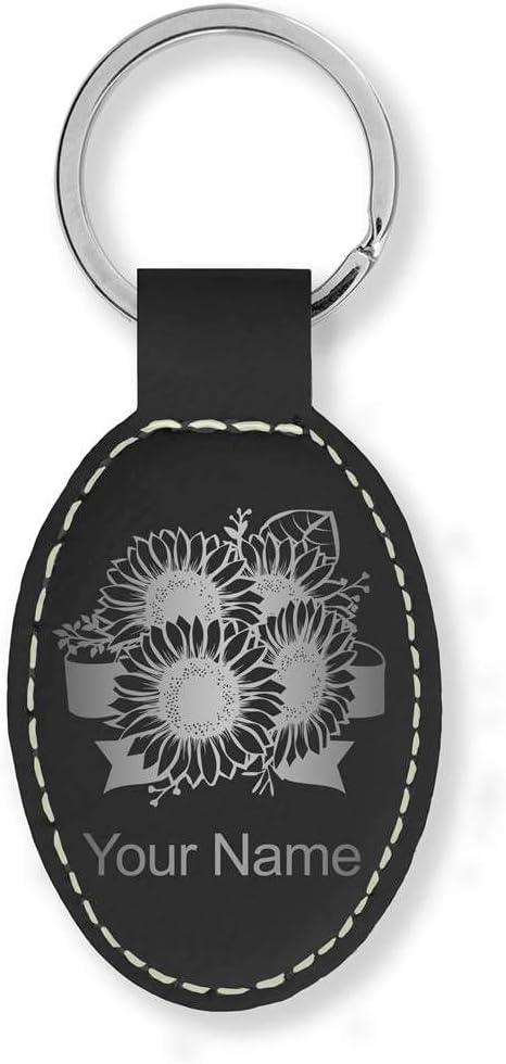 LaserGram Oval Keychain, Sunflowers, Personalized Engraving Included