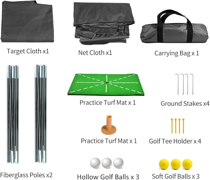Black Golf Practice Set With Net, Hitting Mat, Target Cloth and Carrying Bag for Backyard Driving