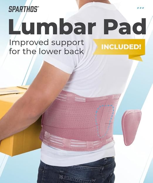 Sparthos Back Support Belt - Immediate Relief from Back Pain - Breathable With Lumbar Pad - Lower Backbrace For Home & Lifting At Work - For Men & Women - Fits 31–38″ Waist (Pink-S, Check Sizing)