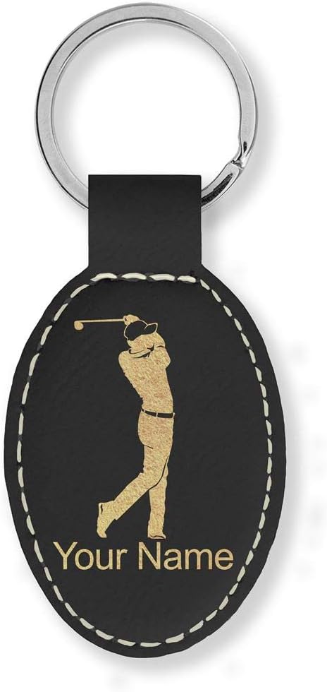 LaserGram Oval Keychain, Golfer Golfing, Personalized Engraving Included (Black with Gold)