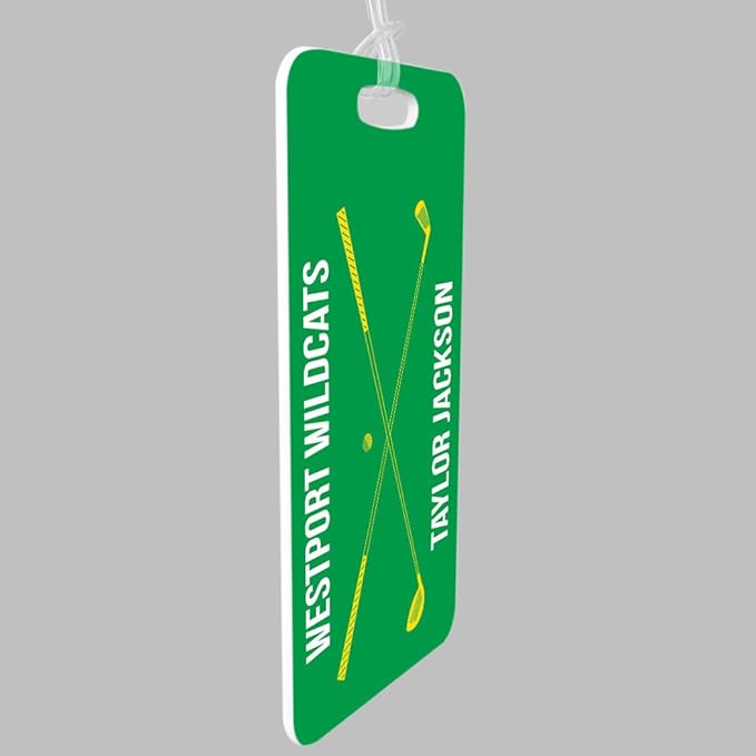 ChalkTalkSPORTS Golf Luggage & Bag Tag | Personalized Crossed Golf Clubs | Standard Lines on Back | Large | Green/Yellow