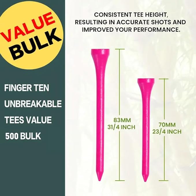 FINGER TEN Bamboo Golf Tees Wood 1 1/2 2 3/4 3 1/4 Inch Wooden Short Long Tee Color Bulk 250/500/1000/2000 Count for Men Women Kids in Red Pink USA Flag