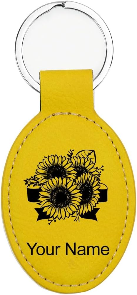LaserGram Oval Keychain, Sunflowers, Personalized Engraving Included