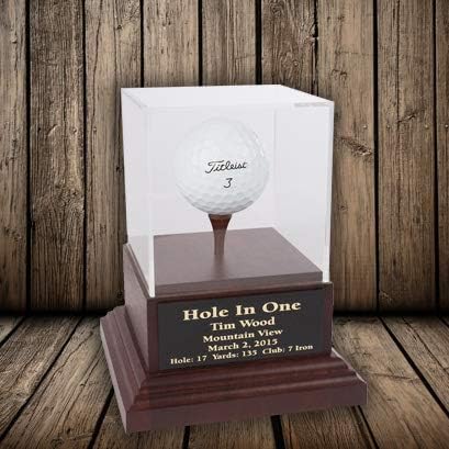 Acrylic Hole in One Golf Ball Display with Wood Base | Includes Engraved Plate | Cherry or Black Base | Removable Top | Made in The USA