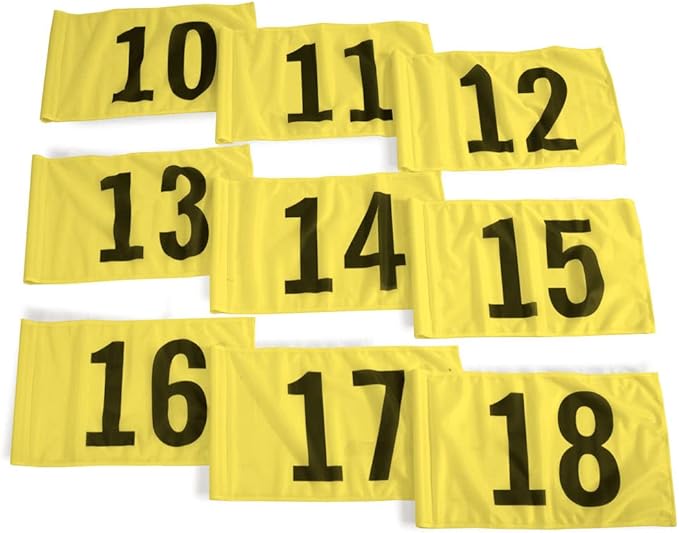 Vispronet Numbered Golf Flags for Putting Green (9) – 20in x 14in Yellow & Black Flags Numbered 10-18, Golf Range Accessories for Courses, Outdoor Hole Flag, Durable Polyester Material
