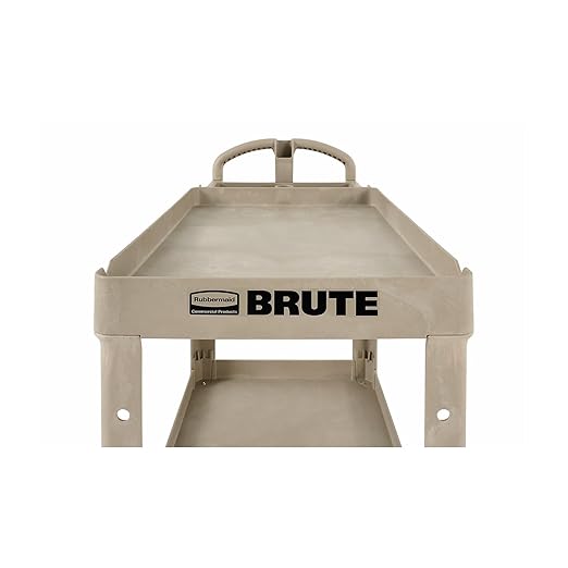 Rubbermaid Commercial Products BRUTE Heavy Duty 2-Shelf Utility/Service Cart, Medium, Lipped Shelves, Ergonomic Handle, 500 lbs. Capacity, Beige, for Warehouse/Garage/Cleaning/Maintenance