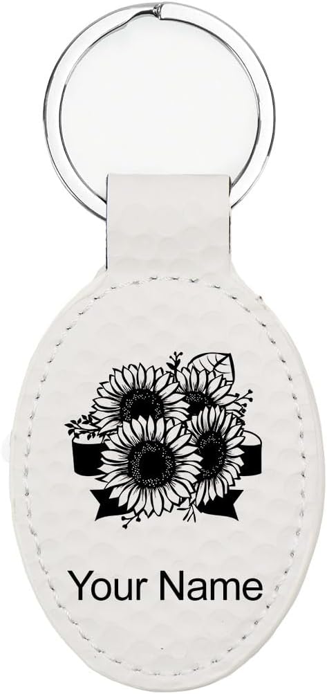 LaserGram Oval Keychain, Sunflowers, Personalized Engraving Included