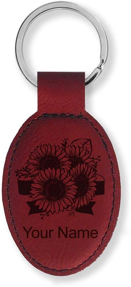 LaserGram Oval Keychain, Sunflowers, Personalized Engraving Included