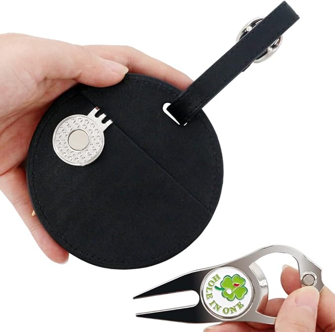 Leather Golf Tees Holder with 5 PCS Wooden Golf Tees 3-1/4 Inch Hook to Golf Bag Belt Clip for Golf Bag