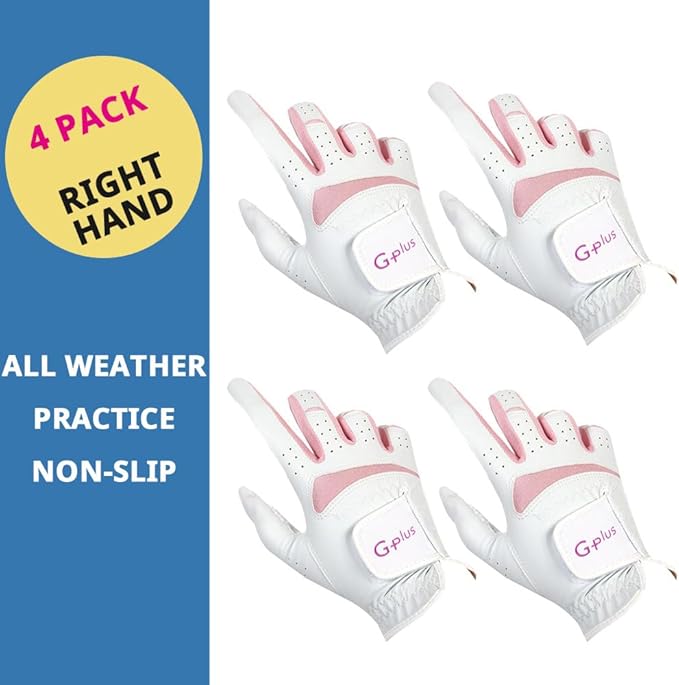 J&S Sporting G-Plus Women's Ladies Golf Gloves, Both Hand (2 Pairs)/Left Hand or Right Hand 4 Pack, Nonslip Durable for Golf Practice