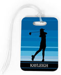 ChalkTalkSPORTS Golf Luggage & Bag Tag | Personalized Female Golfer | Standard Lines on Back | Medium | Blue