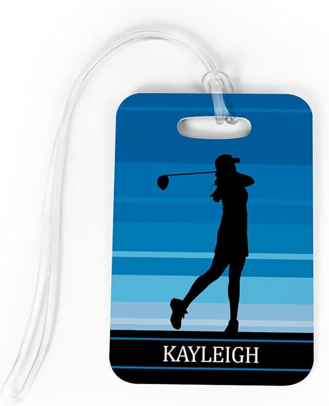 ChalkTalkSPORTS Golf Luggage & Bag Tag | Personalized Female Golfer | Standard Lines on Back | Medium | Blue
