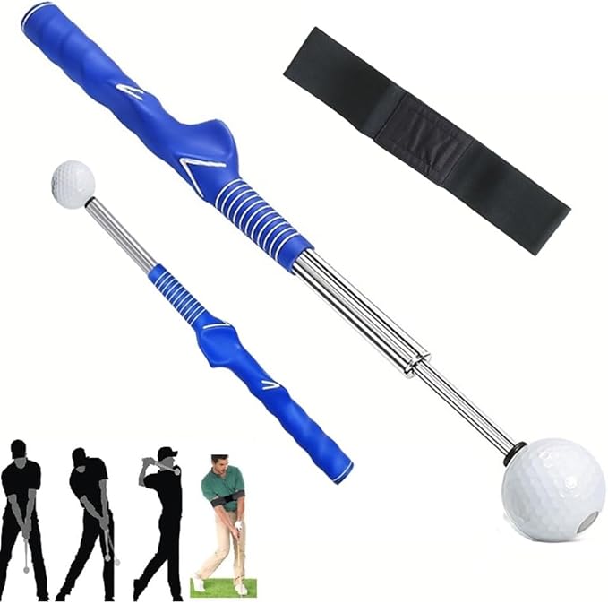 Golf Swing Training Aid Set- Retractable Golf Grip Swing Trainer& Arm Band, Indoor Outdoor Golf Practice Warm Up Stick