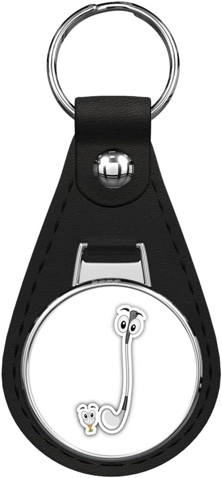 Golf Club & Ball Cartoon Mascot Black Leather Key Chain Keychain Silver Ring