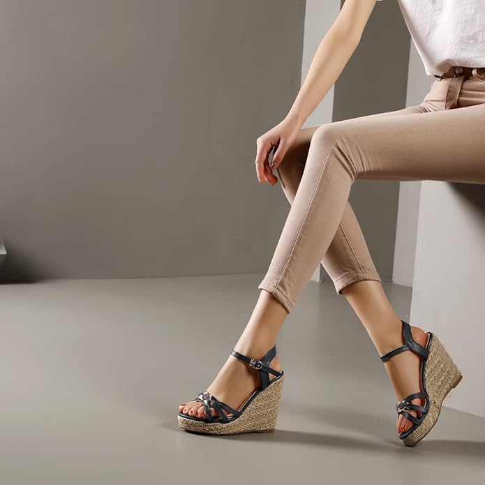 VOKLIN Women's Casual Espadrilles Wedge Sandals Open Toe Ankle Strap Metallic Chunky Platform Dressy Sandal