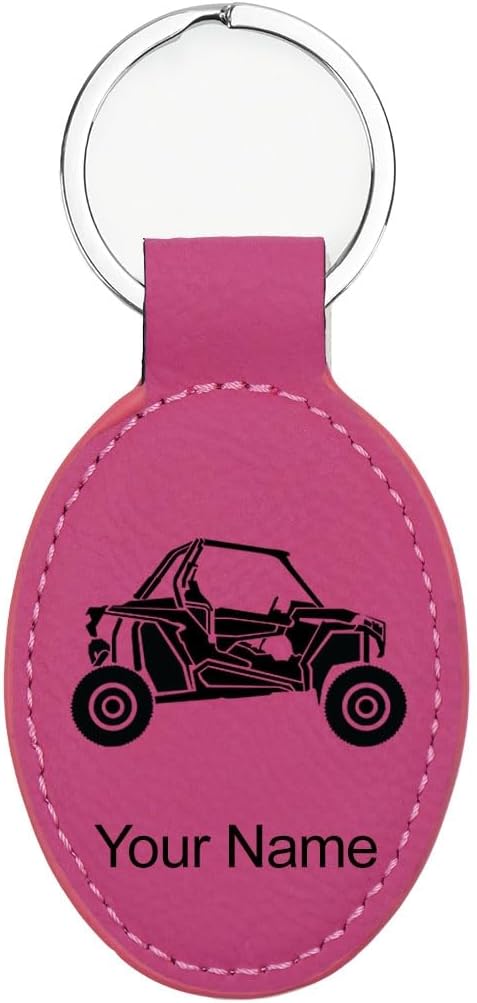 LaserGram Oval Keychain, Off Road Racer, Personalized Engraving Included (Hot Pink)