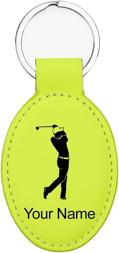 LaserGram Oval Keychain, Golfer Golfing, Personalized Engraving Included (Neon Green)