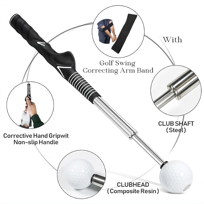 IEKEODI Retractable Golf Swing Trainer, Golf Grip Trainer and Right-Handed Golf Training Aid for Chipping Hitting, Ideal Golf Swing Training Aid with Arm Band for Indoor & Outdoor Use(Black)