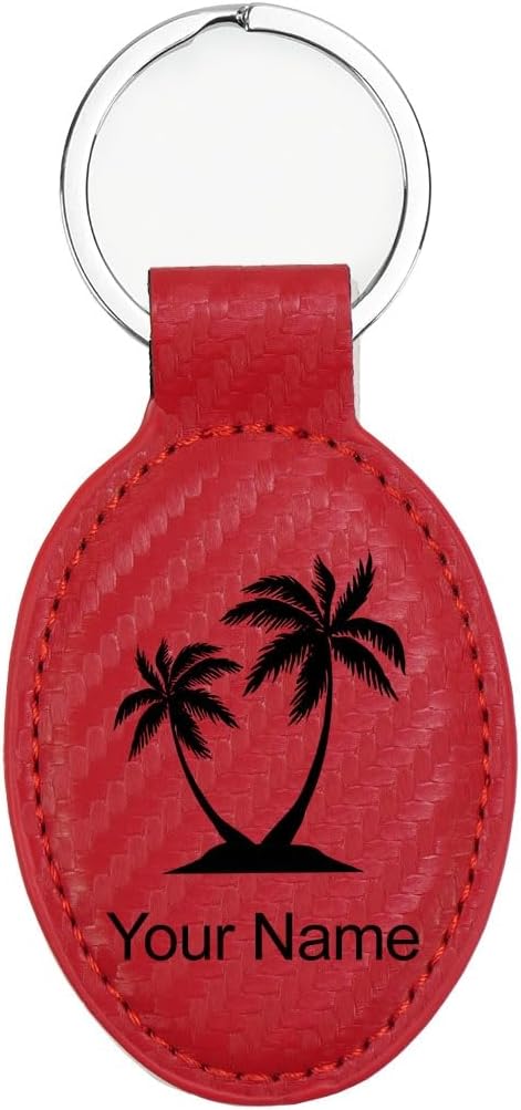 LaserGram Oval Keychain, Palm Trees, Personalized Engraving Included (Carbon Fiber Red)